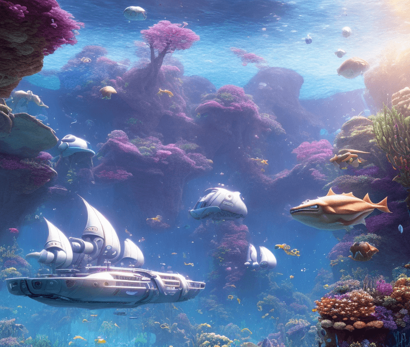 AI generated: High resolution photography, dreamy; POV, underwater, 3d game, realistic graphics, underwater explor...