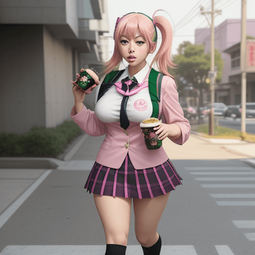 AI generated: beautiful anime school girl, in a short skirt and beautiful modern uniform with  green hair and beau...