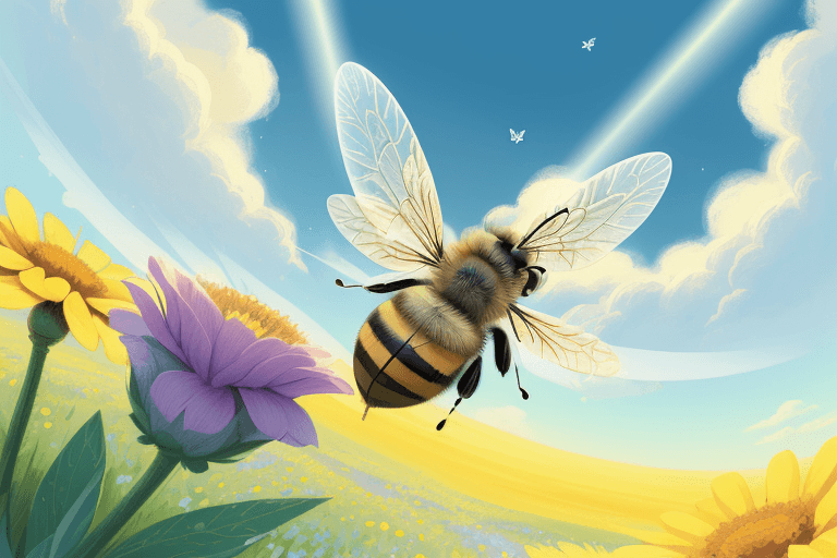 AI generated: close-up of a cute bee flies over a flower meadow, blue sky, fluffy clouds, vector art, digital pain...