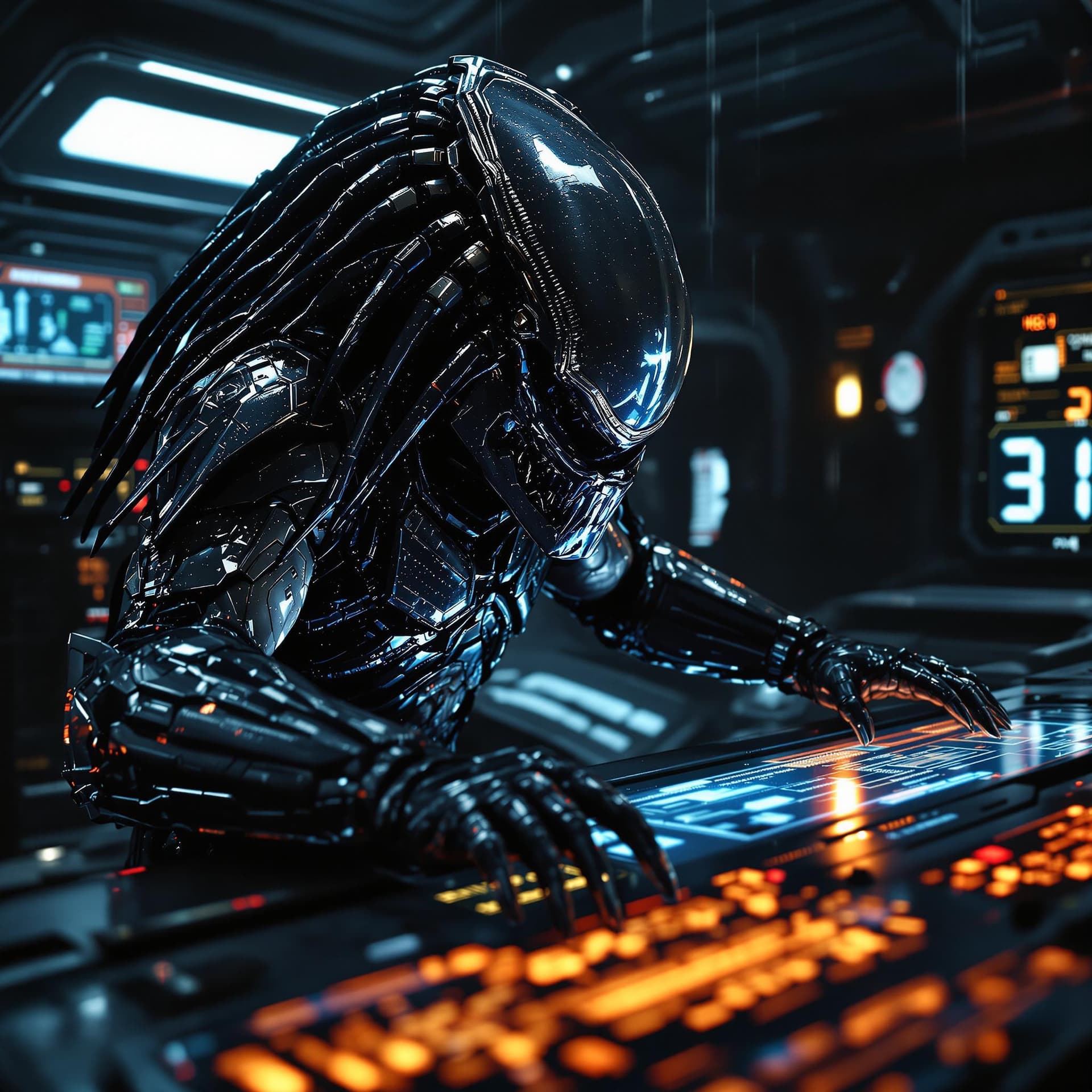 AI generated: a highly detailed cinematic rendering of a predator from the movie alien vs predator, a futuristic h...