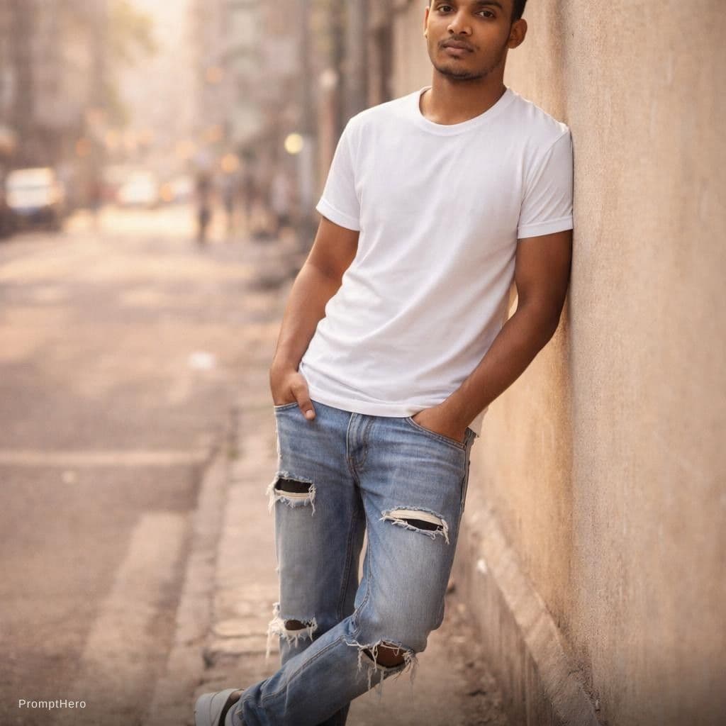 AI generated: a stylish young man with a lean, toned physique, brown eyes, black hair same as reference photo, cas...