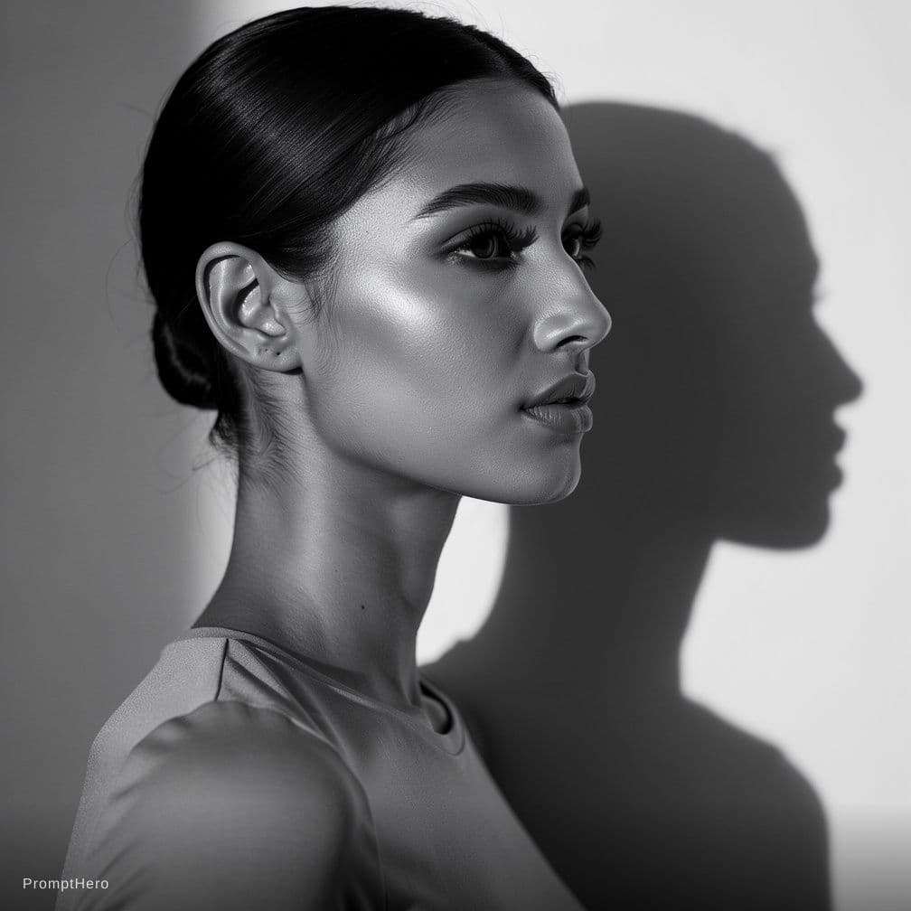 AI generated: a black and white photo of a woman with shadow., in the style of minimalist beauty, light bronze and...