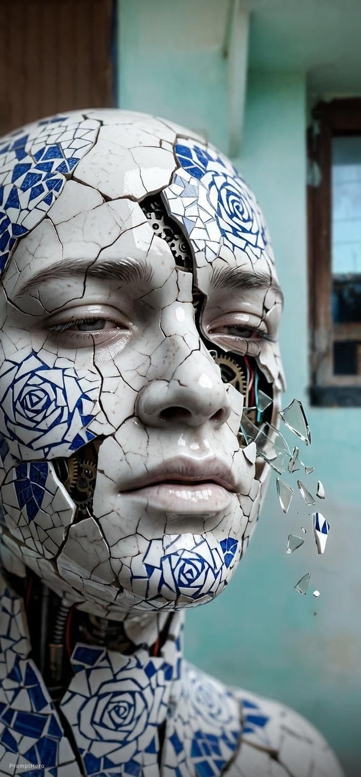 AI generated: Death of a beautiful humanoid female,  close up of a broken android, digital art, cracked porcelain ...