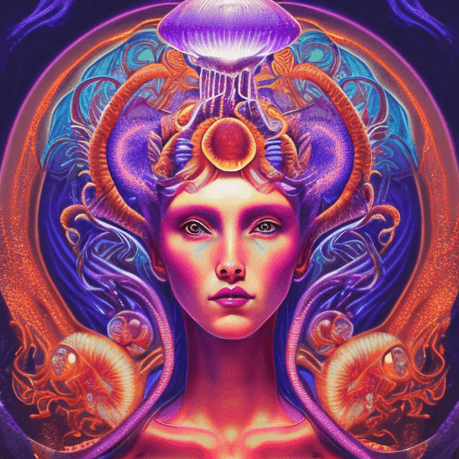 AI generated: Goddess close-up portrait ribcagel. jellyfish phoenix head, nautilus, orchid, skull, betta fish, bio...