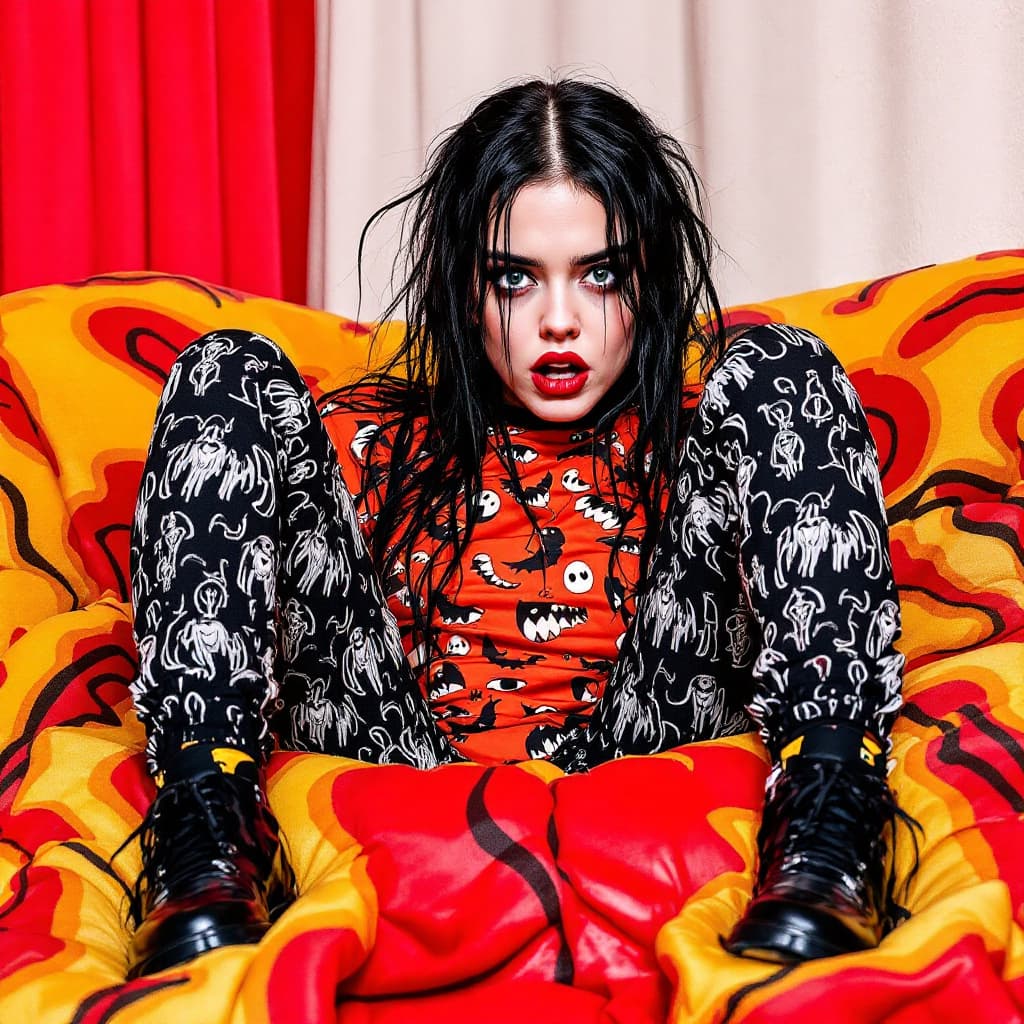 AI generated: leggings, similar to billie eilish,
looking scared 
