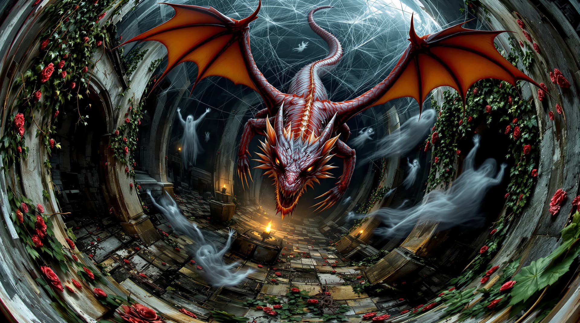 AI generated: Fisheye lens  aerial perspective perspective looking down from a birds eye view onto a dragon in fli...