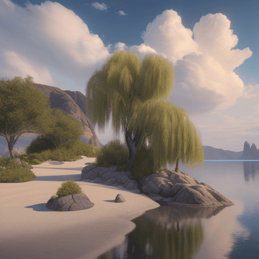 AI generated: oil on canvas, small clouds, 
willow tree, smooth beach, small rocks, 
beautiful setting, early even...