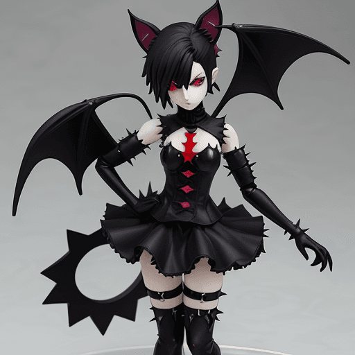 AI generated: make a anime figure of a women with dark people short spiky hair, bat animal ears, red eyes with a g...