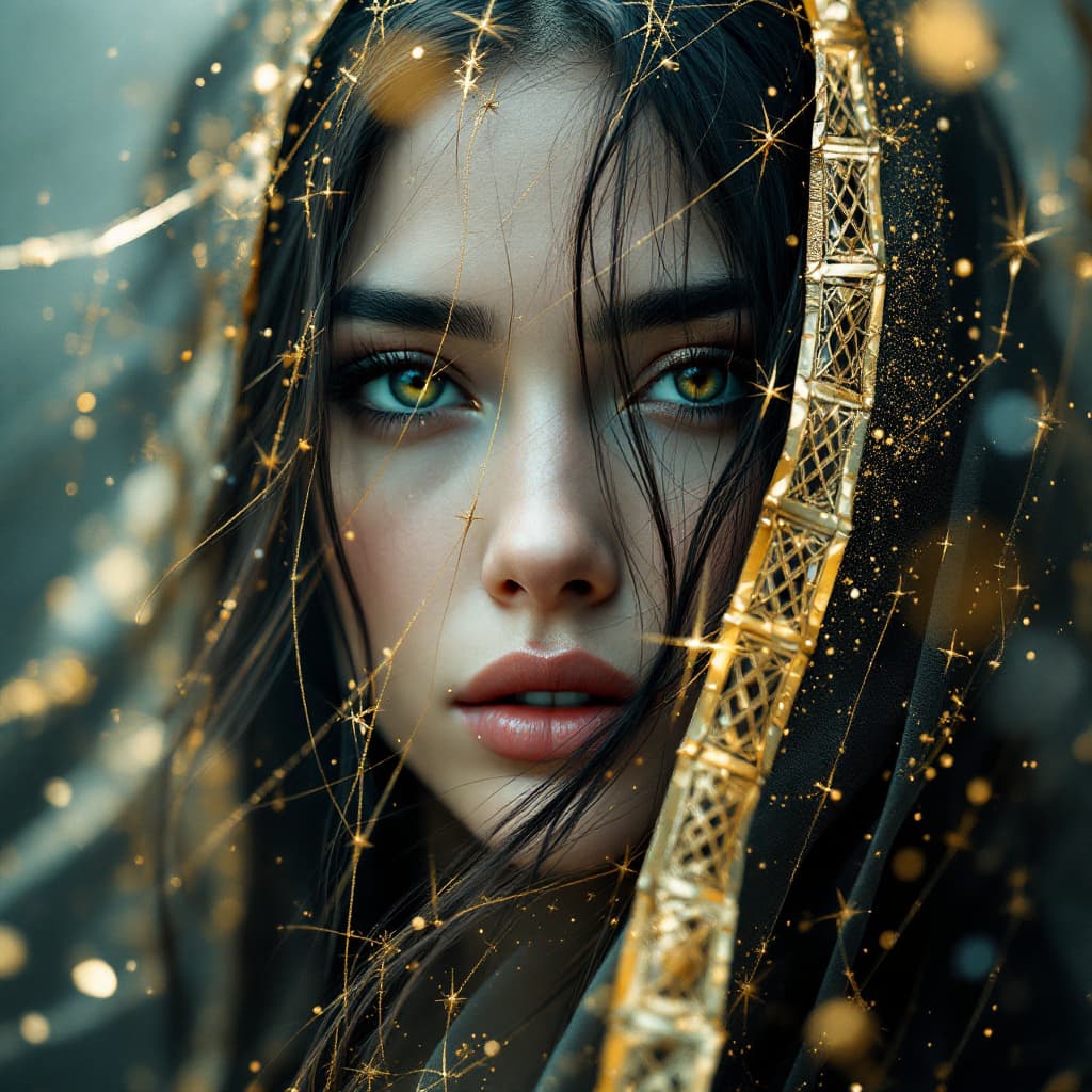 AI generated: 1woman,beautiful,long hair,gold lining,veil, by Minjae Lee, Carne Griffiths, Emily Kell, Steve McCur...