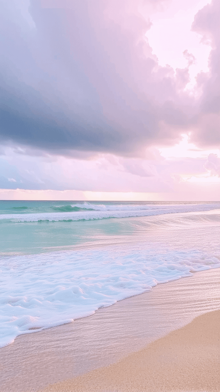 AI generated: 4k pciture of a cloudy beach dominated by pastel colors, realistic photo-like taken in a 40mm lens. ...