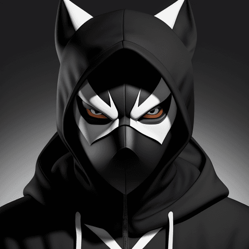 AI generated:  The image features a black and white stylized logo of a masked character. The mask has a hood and i...
