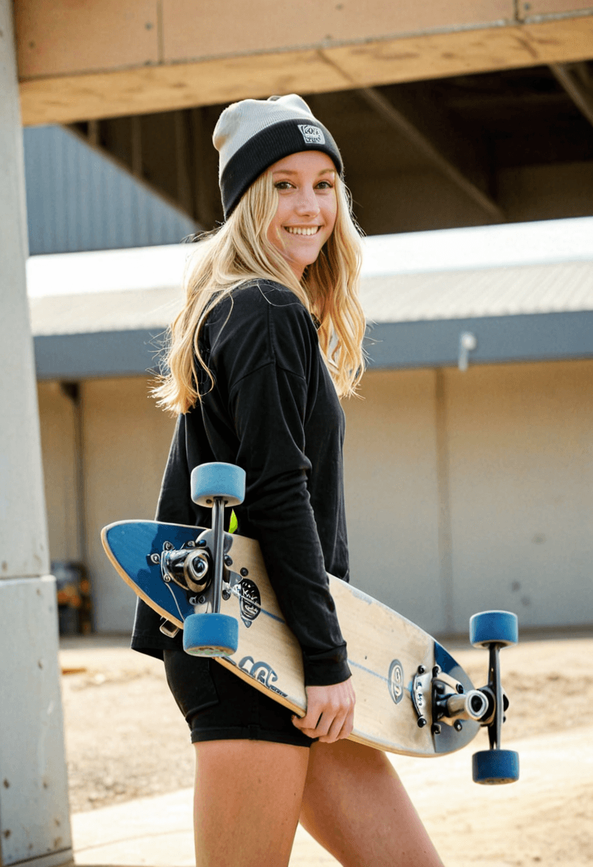 AI generated: iphone photo hipster woman, long blonde hair, beanie hat, carrying a skateboard, wearing a long slee...