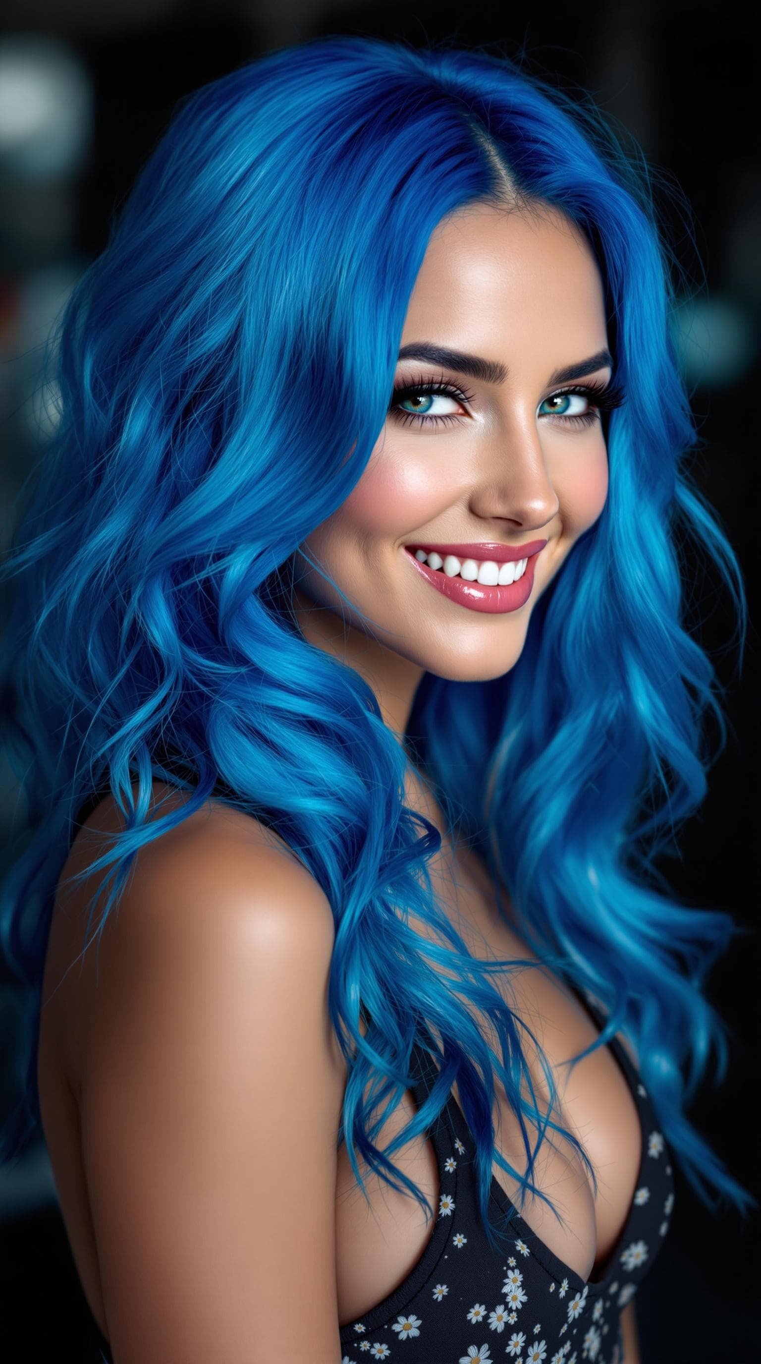 AI generated: professional portrait a stunning woman wearing blue hair with a smile, in the style of animated gifs...