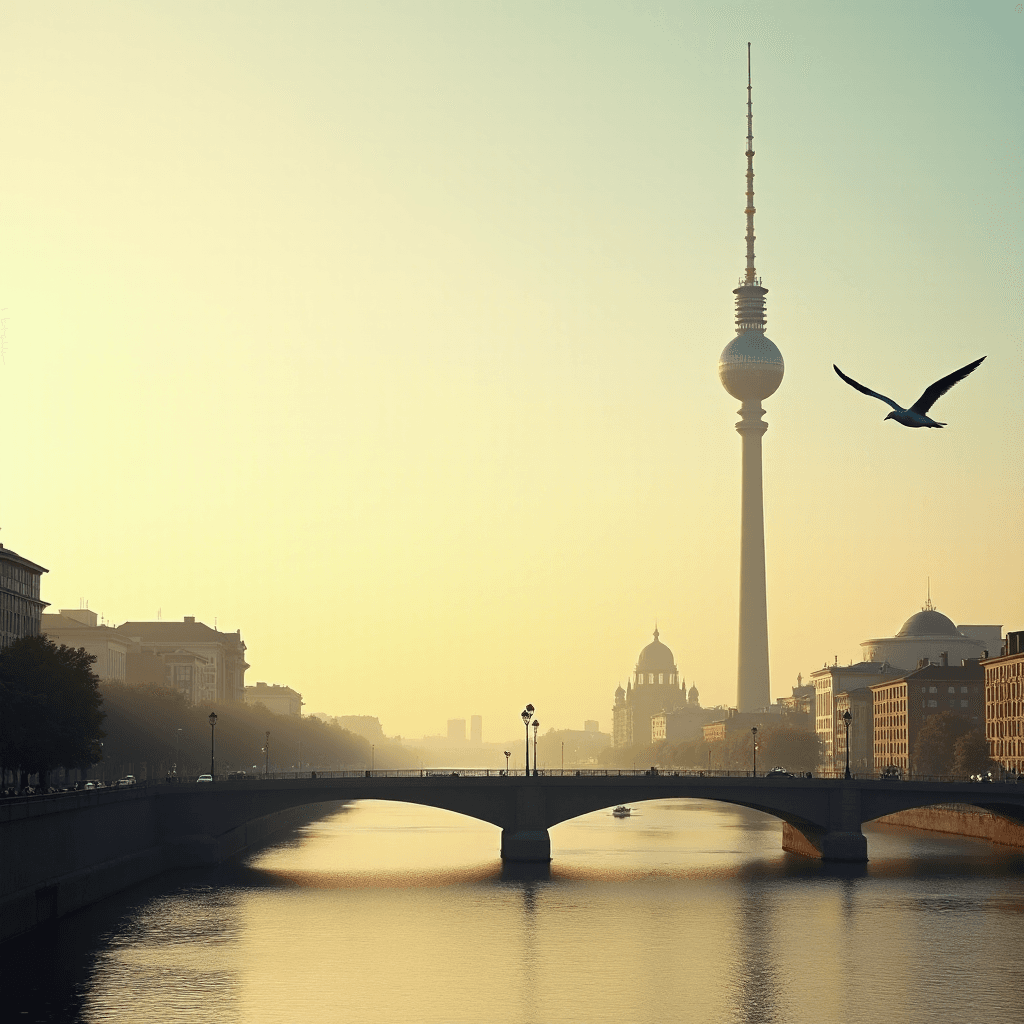 AI generated: A picturesque view of the Berlin skyline with the Oberbaum Bridge over the Spree in the foreground. ...