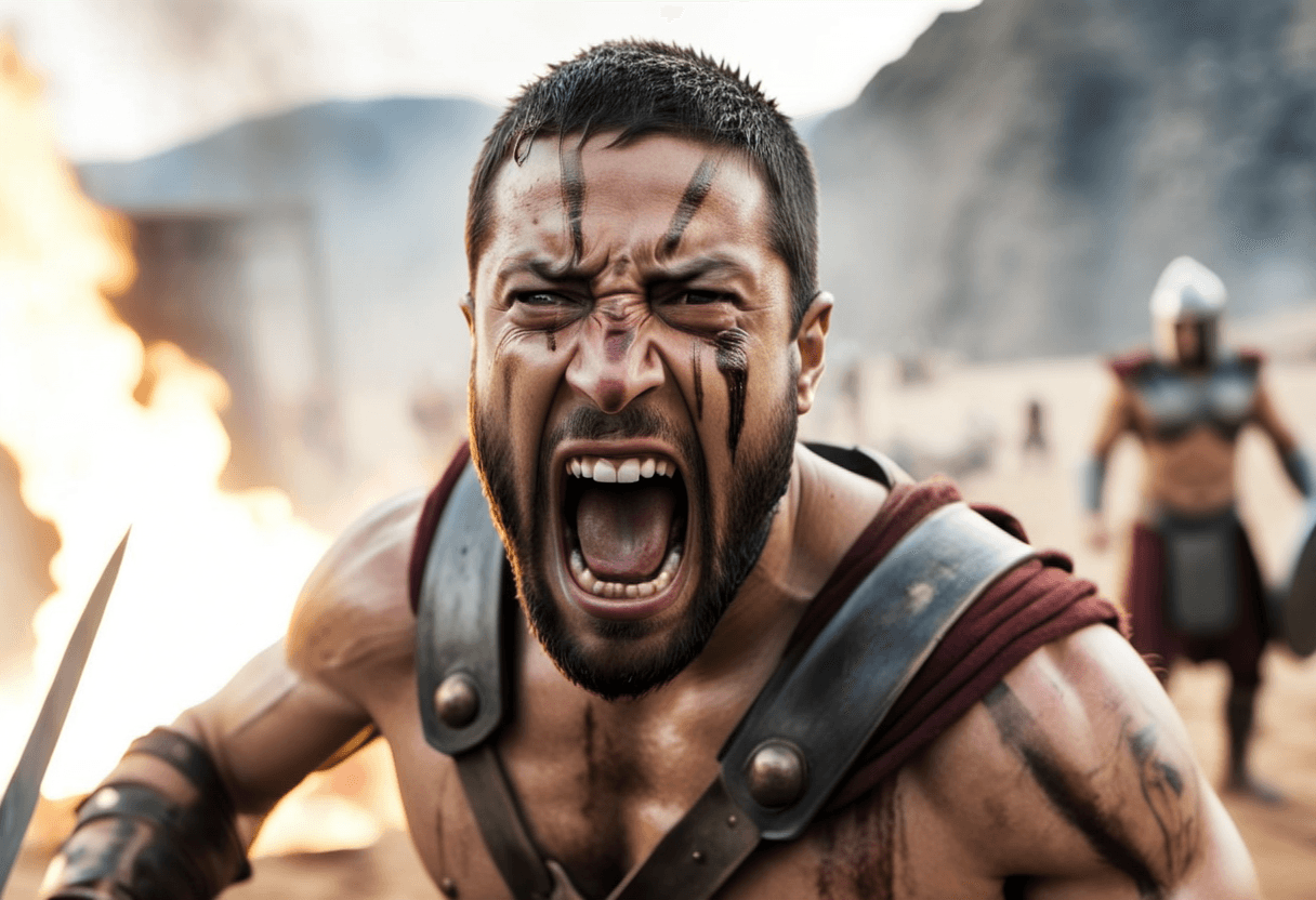 AI generated: cinematic film still spartan man, screaming, carrying a sword, spartan army in the background, smoke...