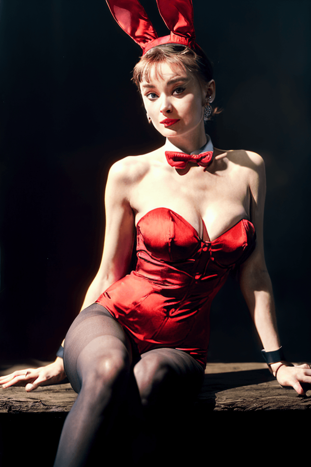 AI generated: (Audrey Hepburn young breakfast at tiffanys bangs), ((as a bright red playboy bunny), with large flo...