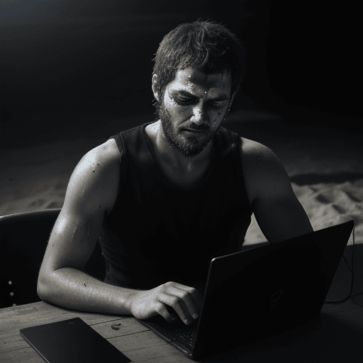 AI generated: Programmist Guy looks at the computer, sit and do coding, tired and beaten, sand on his face mixed w...