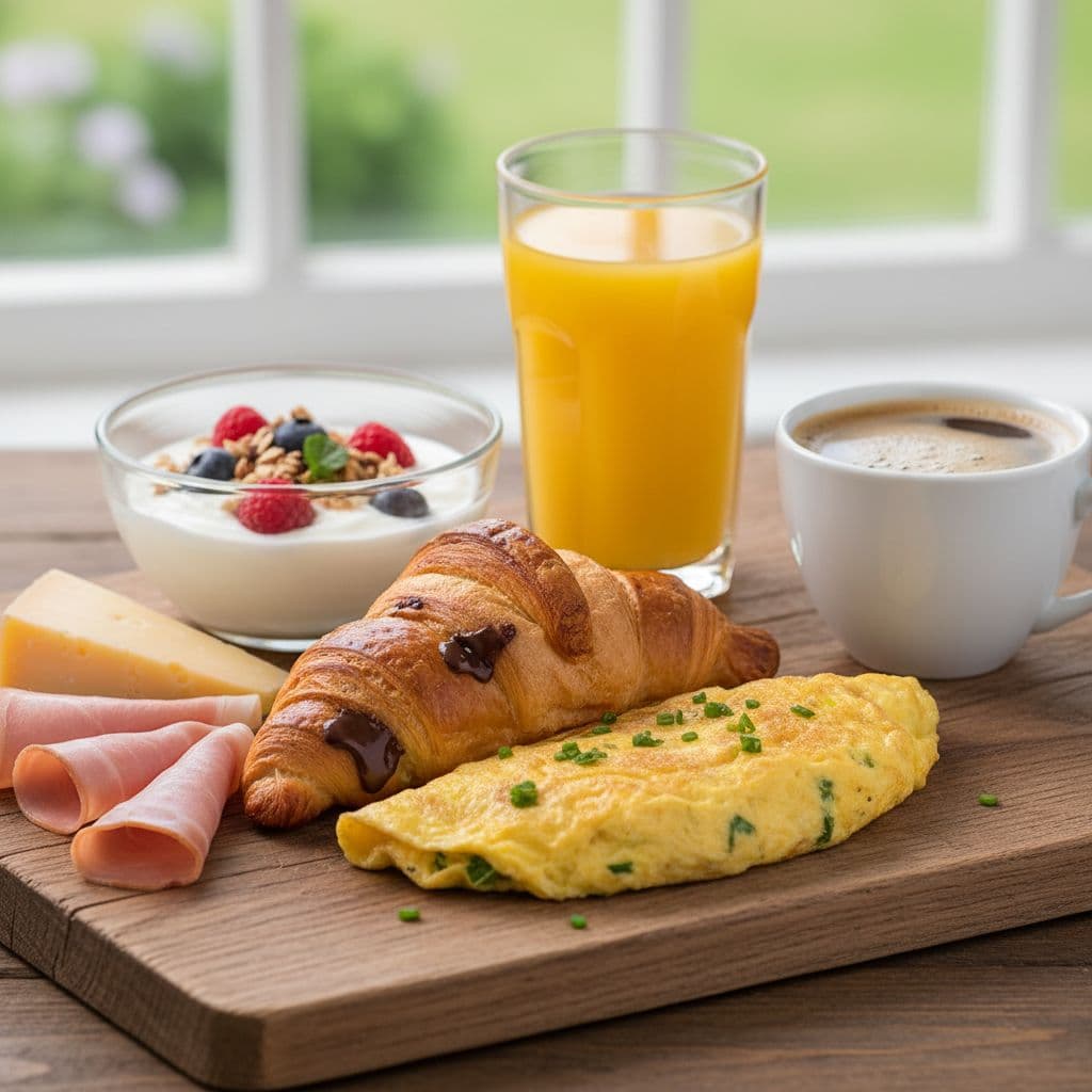 AI generated: healthy breakfast consisting of a chocolate chipped croissant, omelet, ham, cheese, yoghurt, orange ...