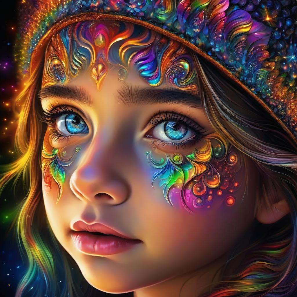 AI generated: A girl with Caleidoscope eyes, made from the fractalius effect, (black background:1.3), intricate, r...