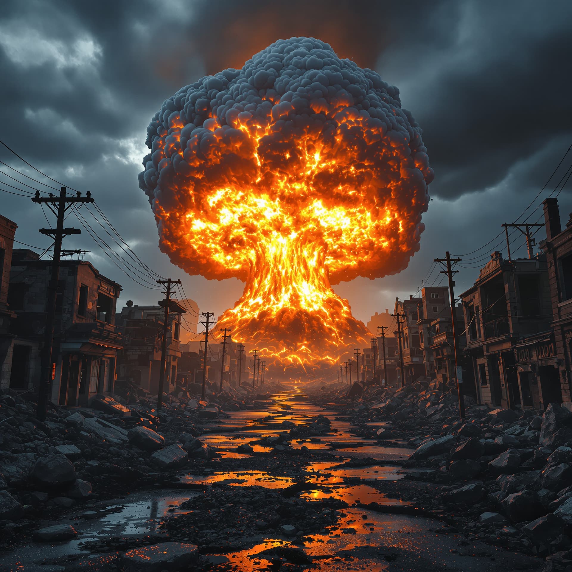 AI generated: giant fiery mushroom cloud explosion in the middle of a destroyed abandoned street block, dark storm...