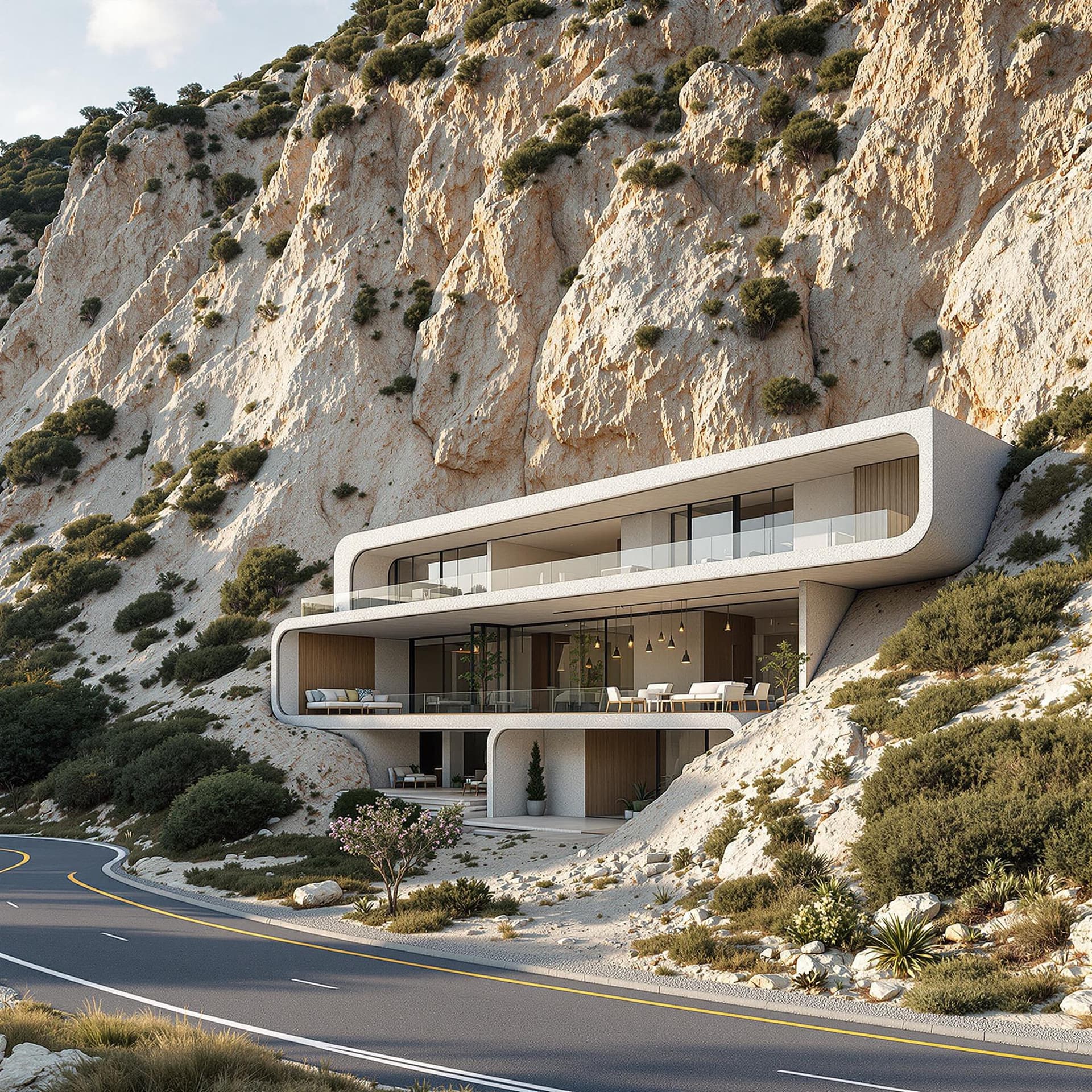 AI generated: A two floor hotel, semi underground, elongated towards the mountain, located in Loutraki Greece, sit...