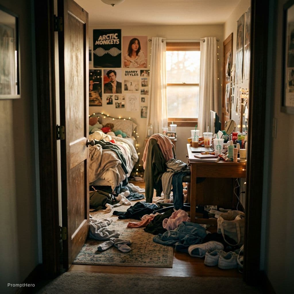 AI generated: cinematic shot of a slightly open bedroom door revealing a messy teenage girl bedroom inside, clothe...