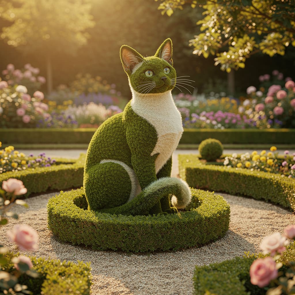 AI generated: A meticulously designed topiary sculpture of a white siamese cat, carefully crafted from evergreen s...