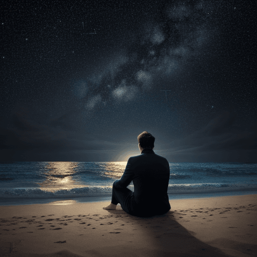 AI generated: a man sitting on beach, watching the sea, starry night, dark theme, a wingull holding side of the ma...
