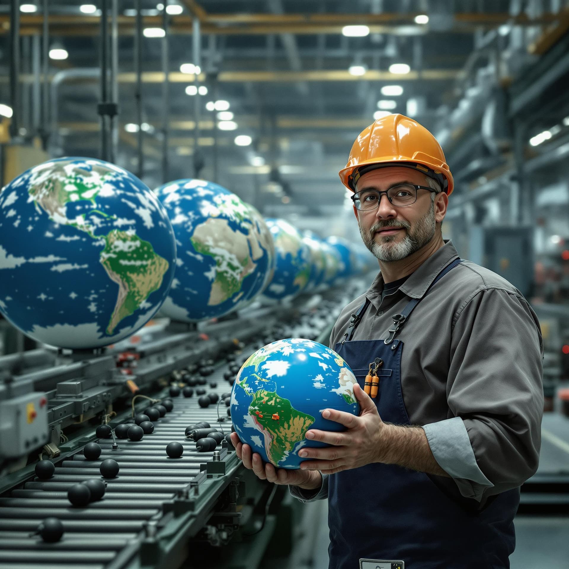 AI generated: In the photo, a factory worker in the workshop stands at a conveyor belt along which large globes of...