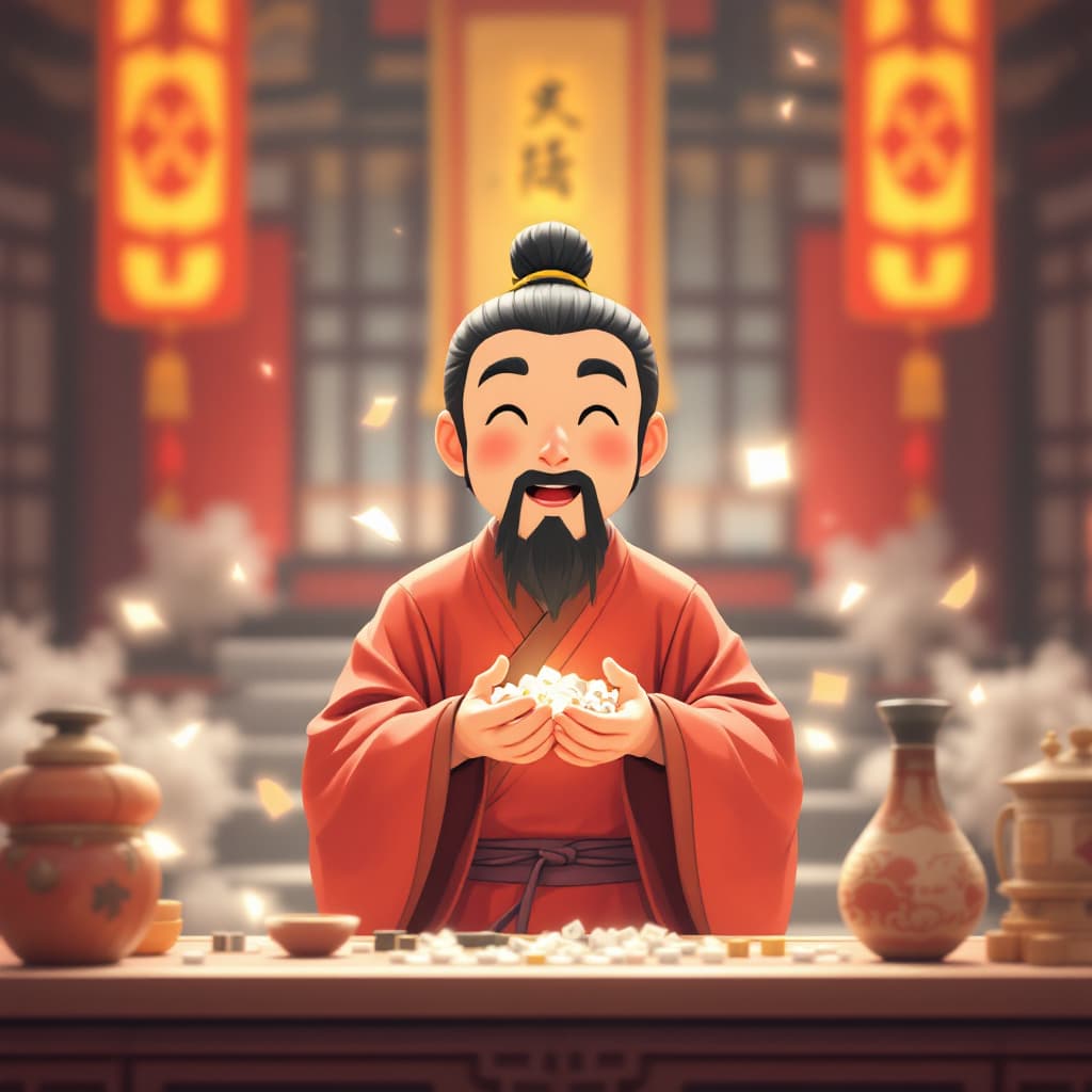 AI generated: A Japanese rendered animation depicts a young Chinese Taoist priest asking for lots in the temple. H...