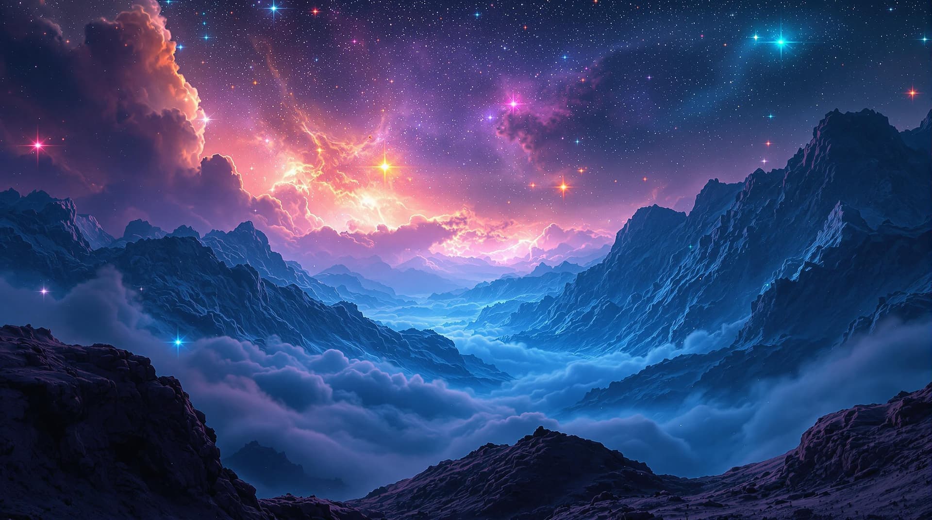 AI generated:  surreal a valley  landscape in the stars in a close up view, made with nebulas the gaz, stars, star...