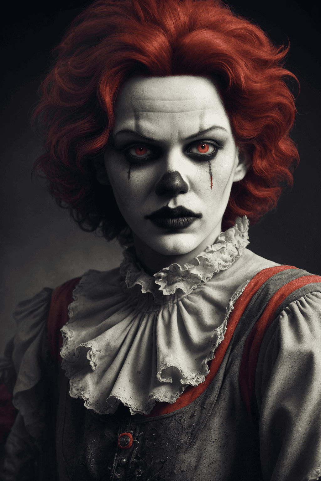 AI generated: Ronald McDonald, goth style, epic realistic, faded, neutral colors, (hdr:1. 4), (muted colors:1. 4),...