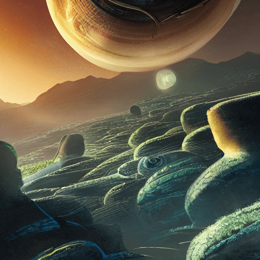 AI generated: beautiful sci-fi monolythes with alien runes in a plain near a river with a small spaceship flying a...
