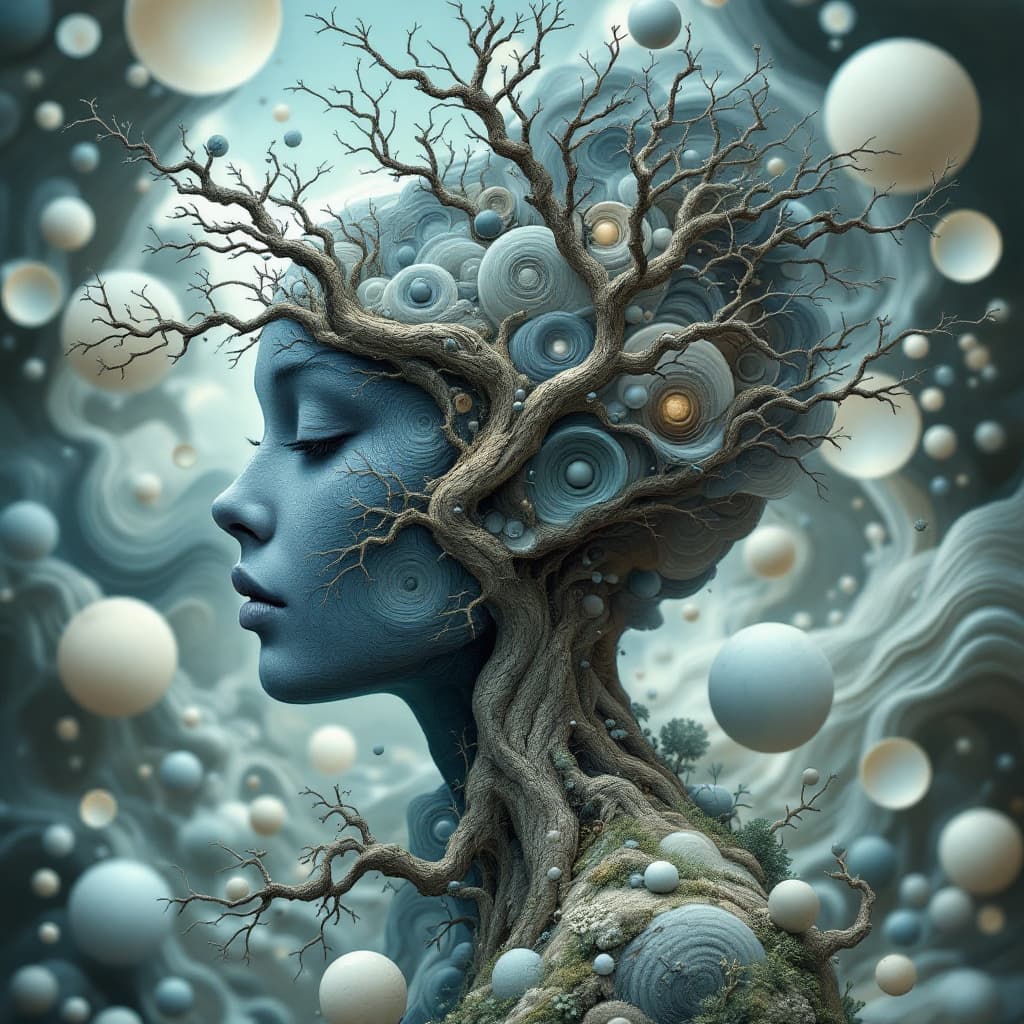 AI generated: Surreal digital artwork featuring a side profile of a human face integrated with abstract elements. ...