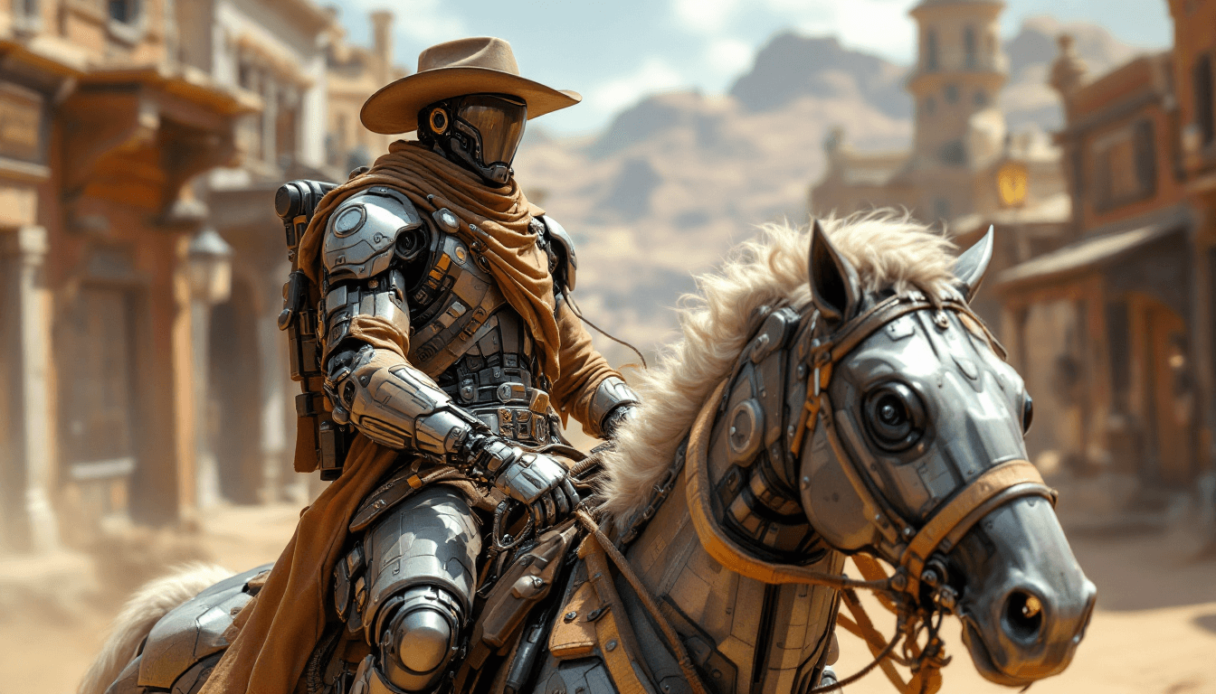 AI generated: A cyber-enhanced cowboy in the 'Cybernetic Wild West', with robotic limbs and high-tech gear, riding...