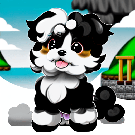 AI generated: A shih-poo puppy dog his fur colors are black, white, grey and he is playing in Yoshi Island with be...