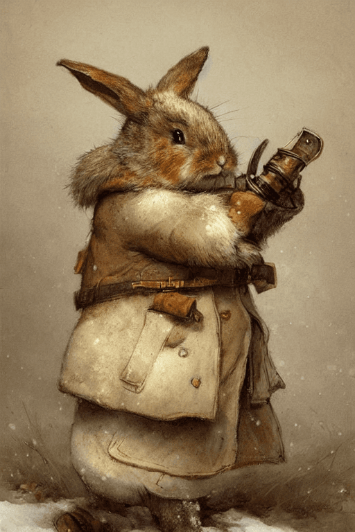 AI generated: painting by  jean - baptiste monge of a small fat Rabbit adventurer dressed in a warm overcoat with ...