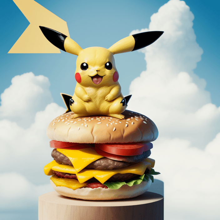AI generated: Pikachu is holding a hamburger, sitting on top of the world, 8k, 4k, high quality