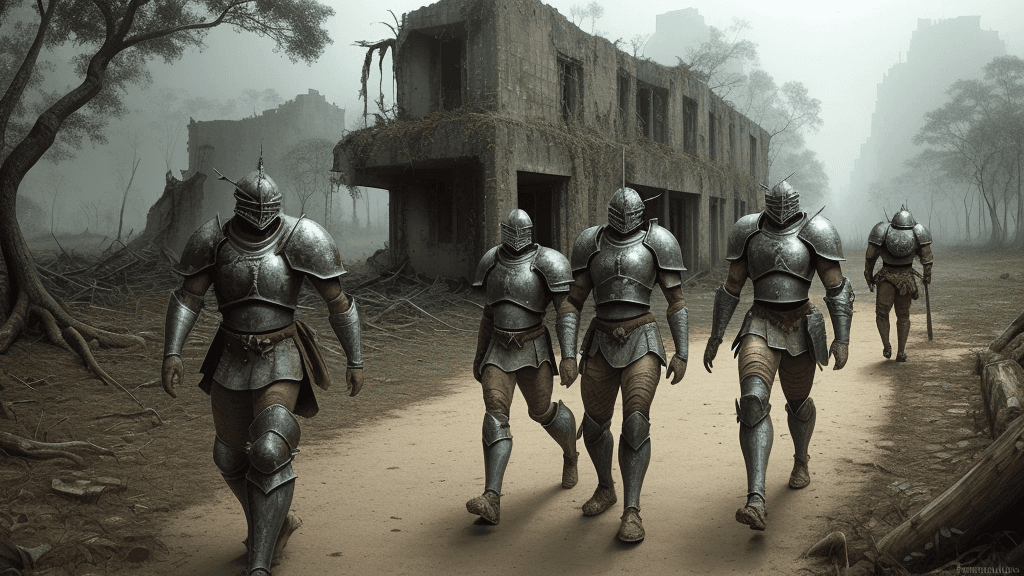AI generated: Armoured warriors walking from the forest to a  A ruined deserted city