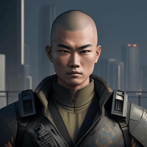AI generated: (masterpiece, best quality, detailed)), outdoor arena, wind_lift, asian Wu Jing as cyberpunk soldier...