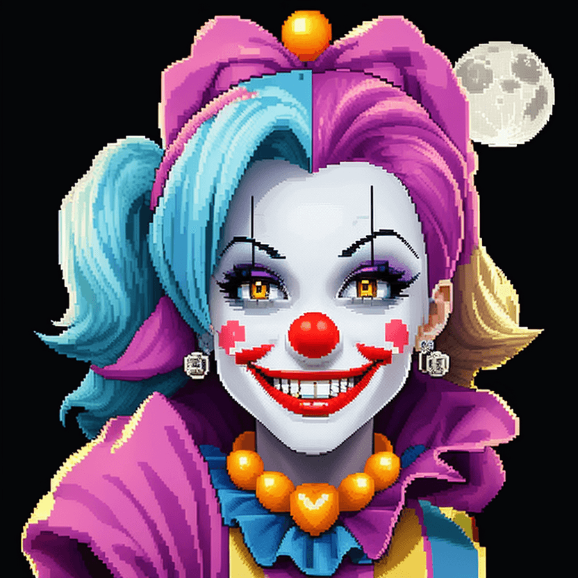 AI generated: smily clown getting diamond grills on teeth, aesthetics,moon lights.in pixel art