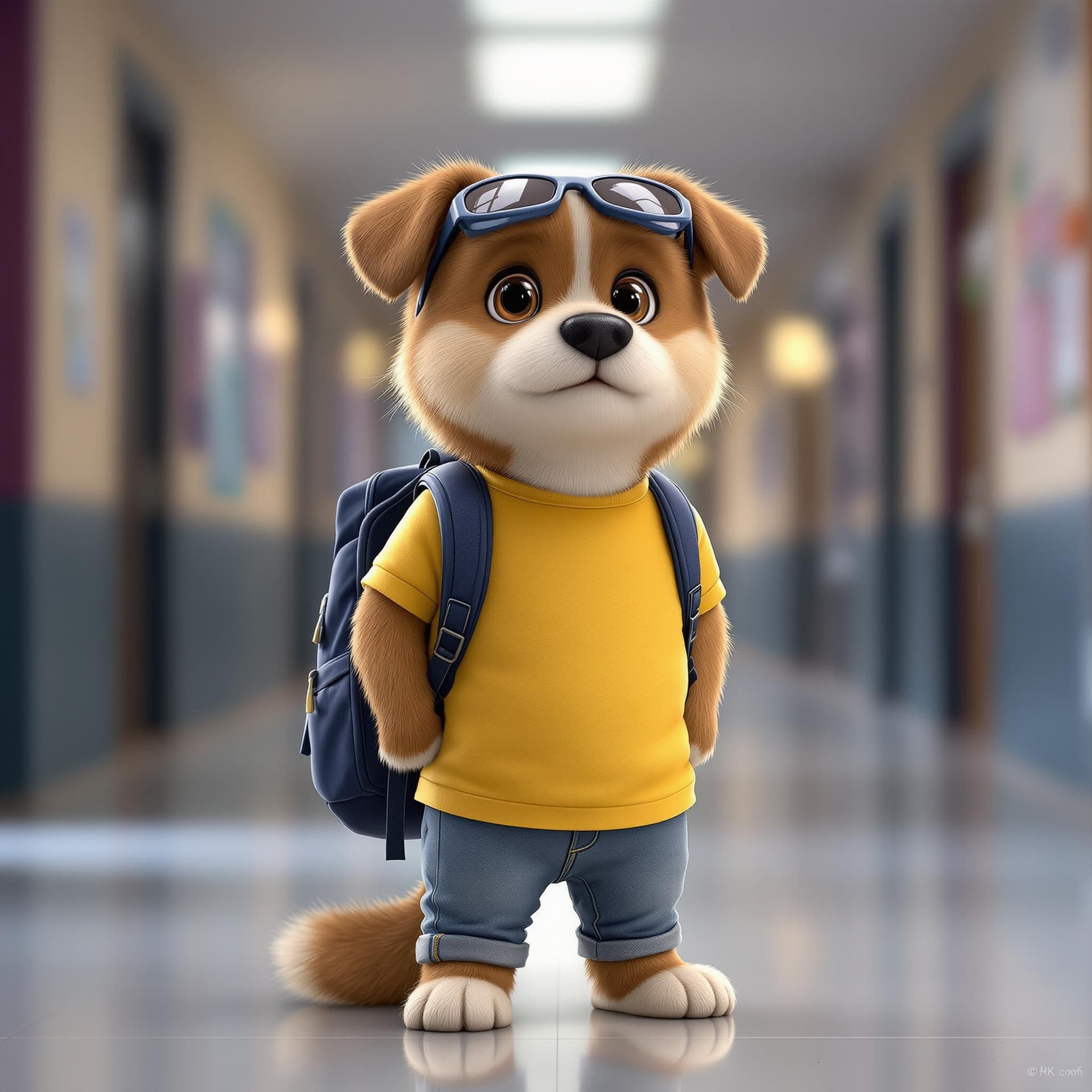 AI generated: A cute dog standing like a person, dressed in a yellow shirt, jeans, and a navy backpack, with sungl...