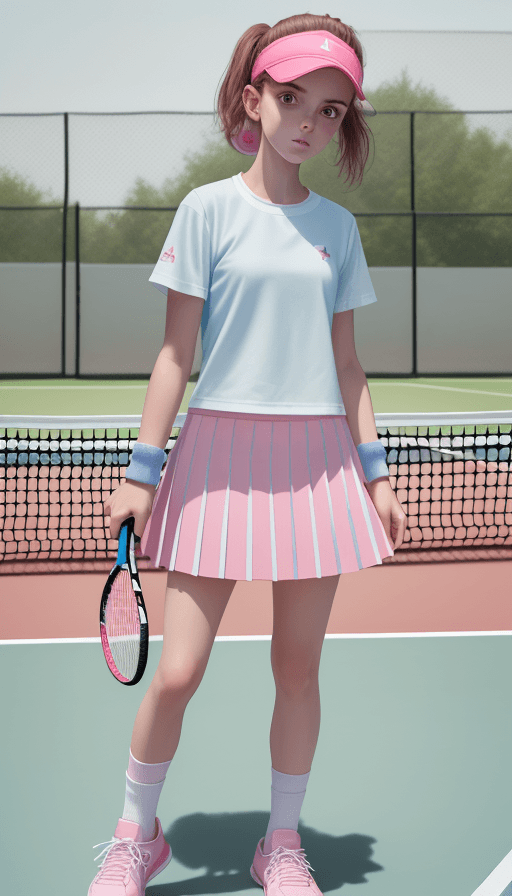 AI generated: Highest quality, perfect masterpiece, perfect art, 8K, (young and energetic girl, tennis, wearing pi...