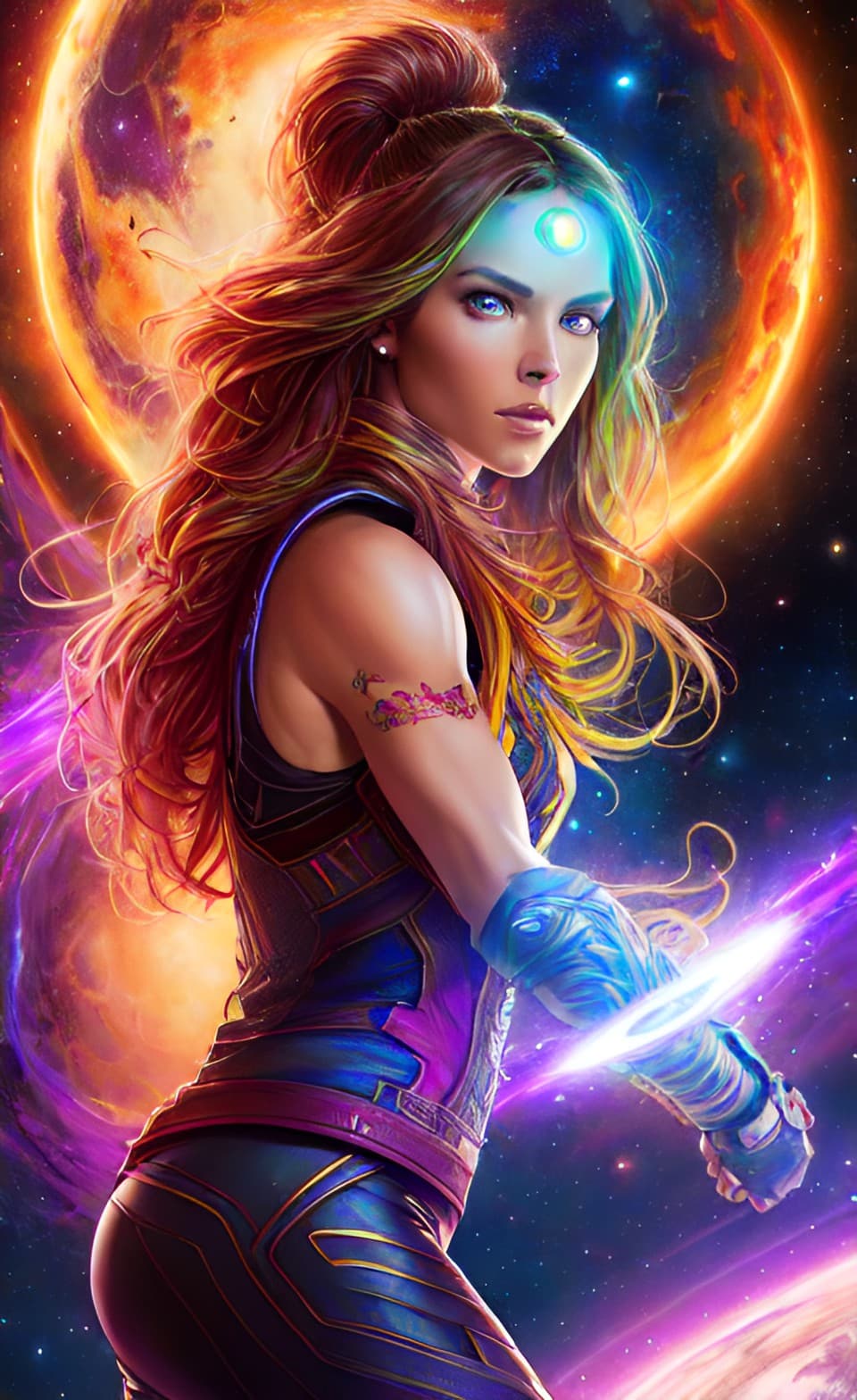 AI generated: A portrait of a forsaken universal ethereal warrior star being, in action pose, rugged attractive, w...