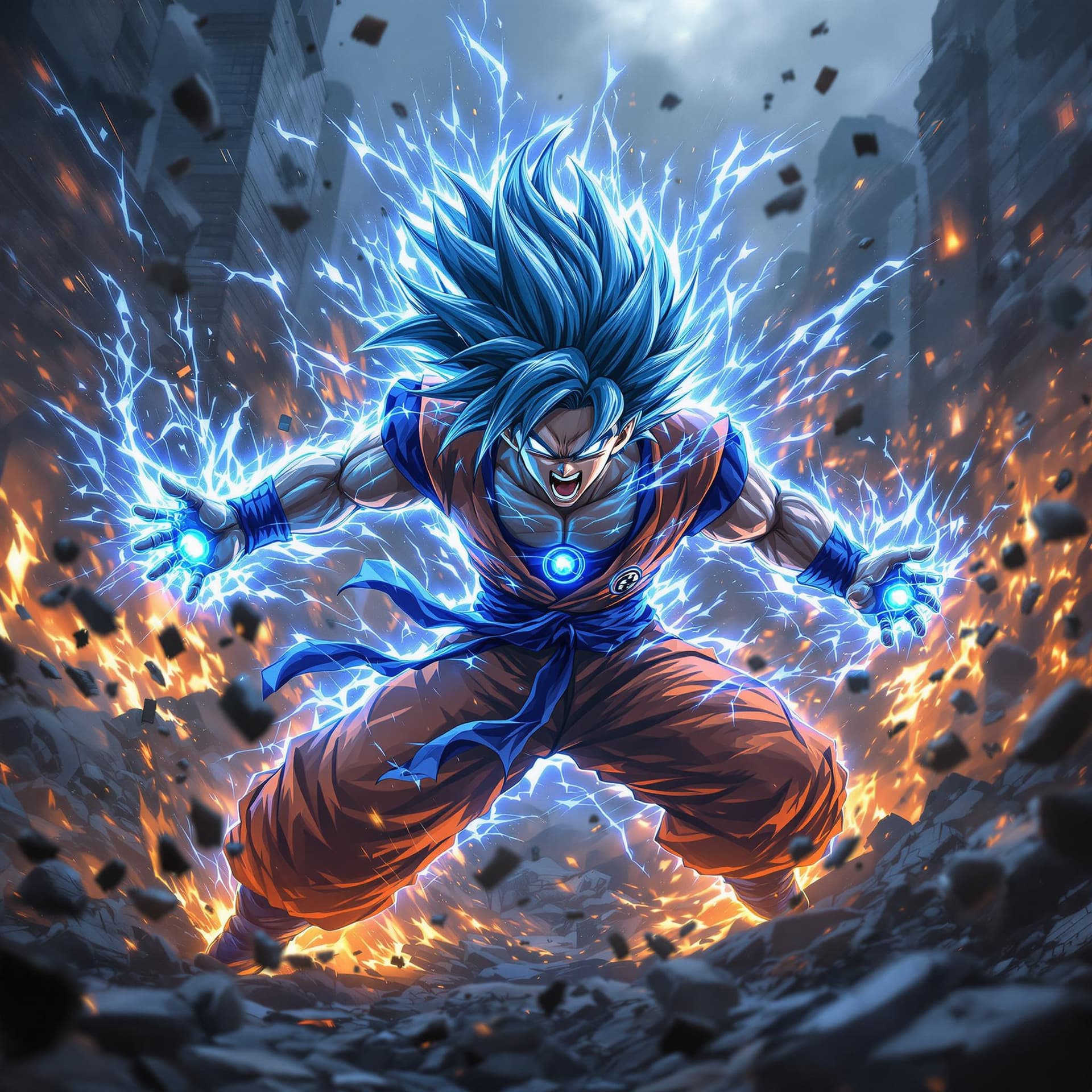 AI generated: realistic style, Goku fighting at war, raging, blue hair, character design, body is adorned with glo...