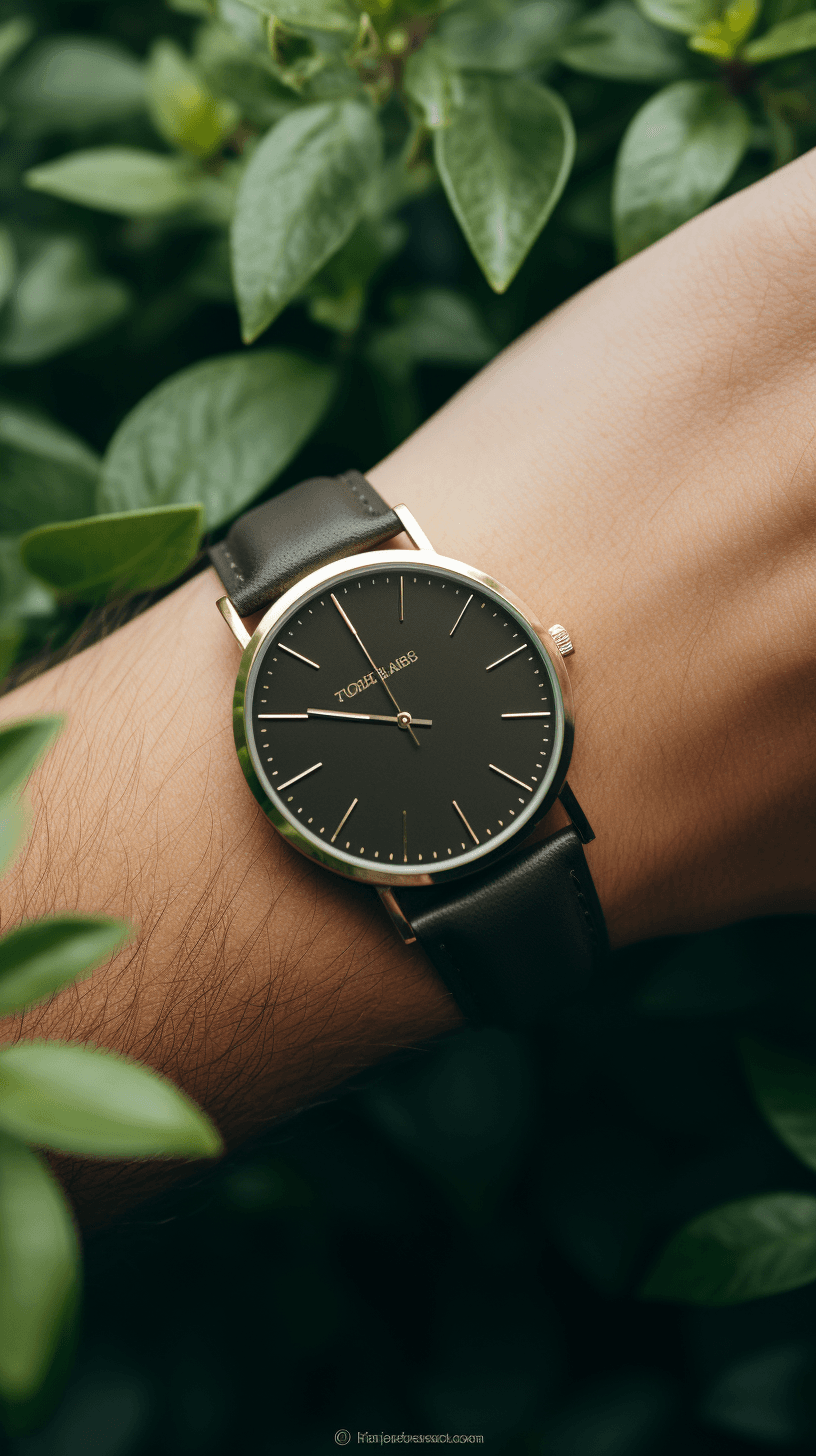 AI generated: Top-down shot of a metal black analog watch with a round face, gold-colored hands, and a small dial ...