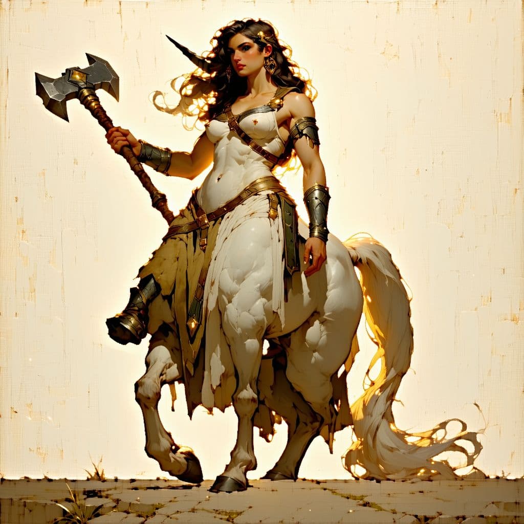 AI generated: large female centaur, earth tone colors, carrying a war hammer