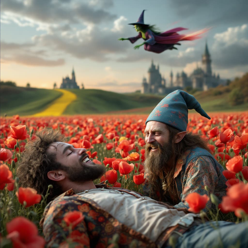 AI generated: a totally wasted  hippie with a dopey grin partly closed eyes is  in a field of poppies laying prone...