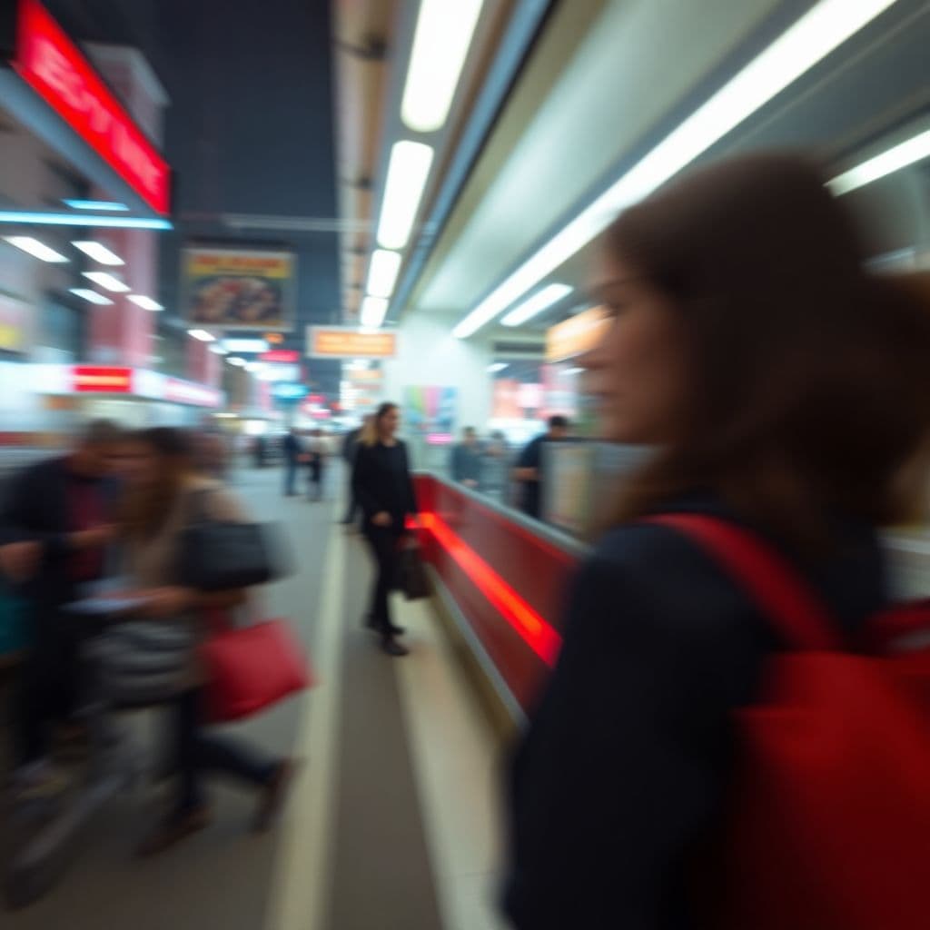 AI generated: conceputal image, commercial, rapid red line theme, wide shot, passing by woman blurring, simplify -...