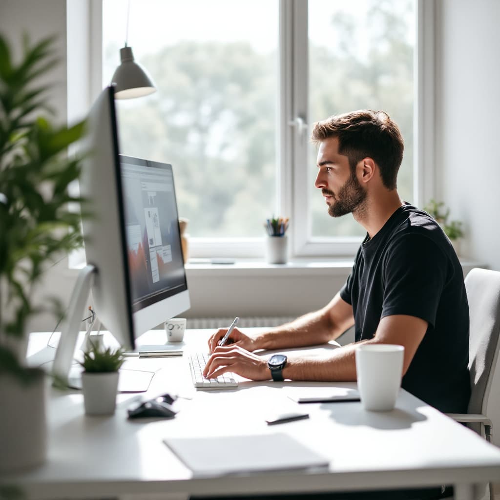 AI generated: minimalist workspace, focused design engineer at a white desk, high resolution photograph, used came...